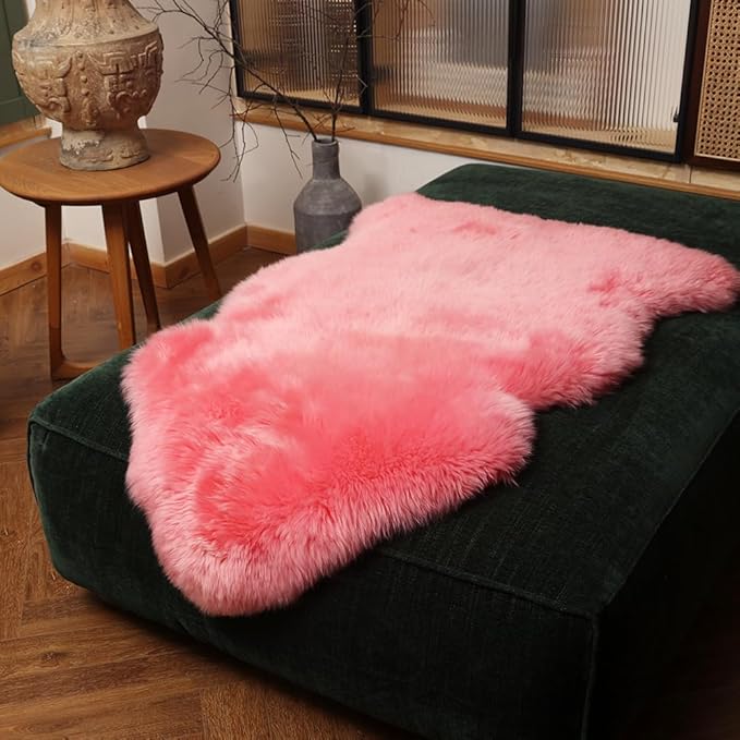 Premium Genuine Fur Sheepskin Rug Real Australia Sheepskin Natural Luxury Fluffy Lambskin Fur Area Rug Seat Covers for Kids Bedroom Sofa Chair Cover (Pink, Single Pelt/2ft x 3ft)