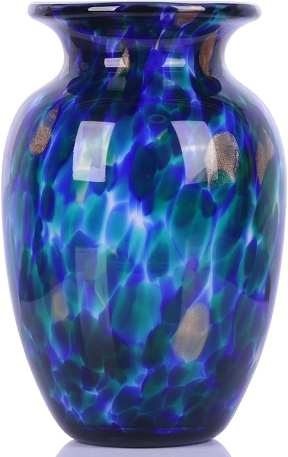 Hand Blown Glass vase, Blue Wide Mouth Large vase for Home Decorative Bouquet, Suitable for Office Living Room TV Stand Kitchen Dining Table Centerpiece Bookshelf entryway Desktop Decoration.