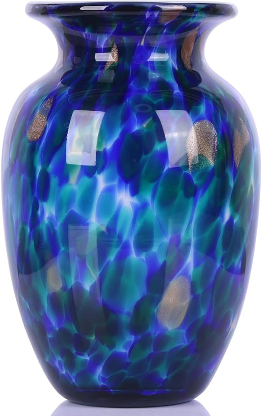Hand Blown Glass vase, Blue Wide Mouth Large vase for Home Decorative Bouquet, Suitable for Office Living Room TV Stand Kitchen Dining Table Centerpiece Bookshelf entryway Desktop Decoration.