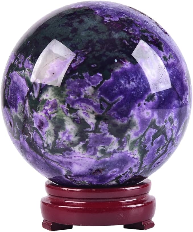 JIC Gem Large Purple Moss Agate Crystal Ball 4 inch(100mm) Round Healing Crystals Decorative Sphere with Wooden Stand Meditation Witchcraft Home Decor