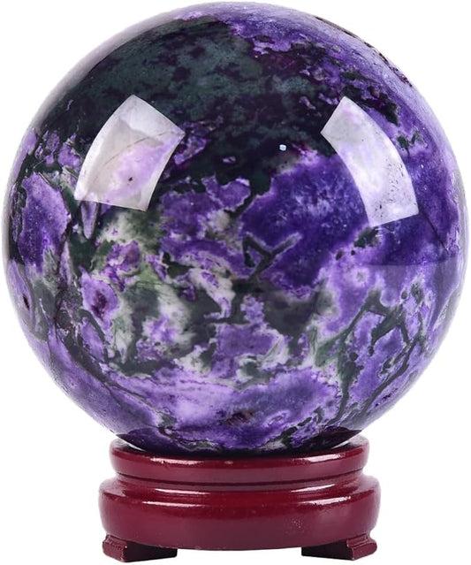 JIC Gem Large Purple Moss Agate Crystal Ball 4 inch(100mm) Round Healing Crystals Decorative Sphere with Wooden Stand Meditation Witchcraft Home Decor