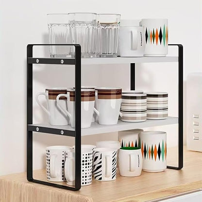 Hbluefat Desktop Organizer Shelf, 2-Tier Multipurpose Tabletop Storage Bookshelf, Small Wooden Countertop Storage Rack for Home Office Kitchen (White+Black)
