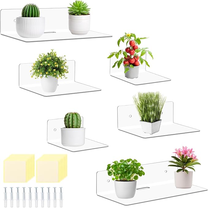 Pinkunn 6 Pack 4'' 6'' 9'' Clear Acrylic Floating Shelves for Wall Small Floating Shelf No Drilling with Adhesive or Screw Mini Wall Shelves for Storage Decoration