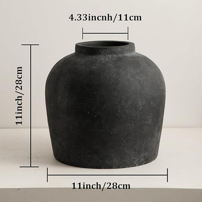 Large Ceramic Vase, 11" Rustic Farmhouse Terracotta Vase for Home Decor, Handicraft Decorative Flower Vase for Living Room, Table Centerpiece, Bedroom (Rustic Black)