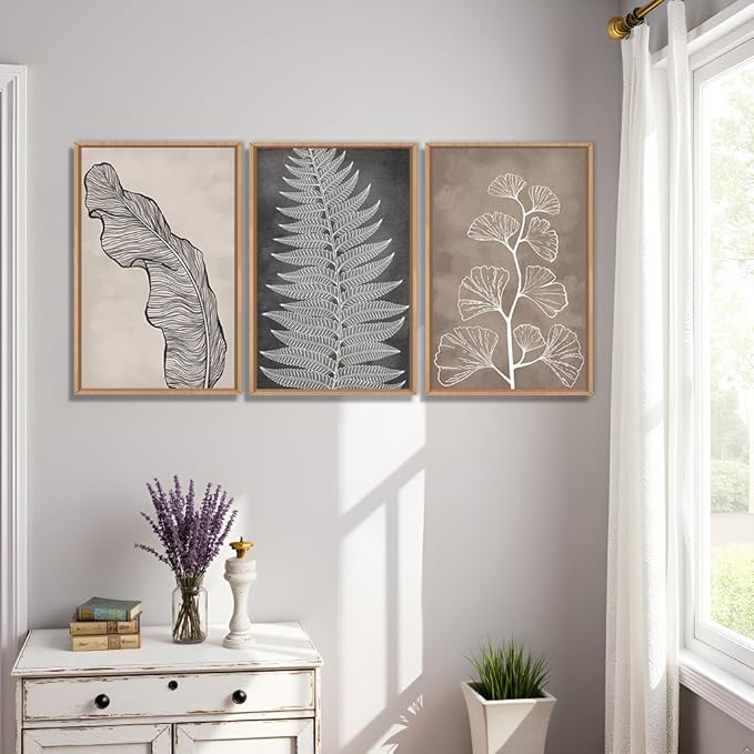 HLNIUC Botanical Neutral Framed Wall Art Set, Abstract Fern Leaf Canvas Wall Decor, Vintage Rustic Plant Wall Painting, Black Beige Nature Art Print for Living Room, Bedroom, Office - 24"x36"x3