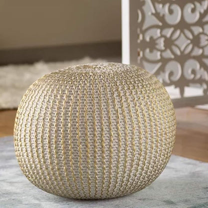 LR Home Gold/Beige Cableknit All-Natural Cotton Round Ottoman for Home Décor | Hand-Made Farmhouse Foot Rest for Bedroom & Living Room | 20 x 20 x 16 Stuffed Pouf for Seating