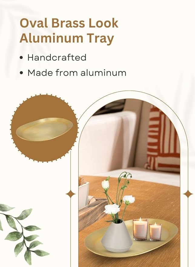 Serene Spaces Living Oval Brass Look Aluminum Tray, Hammered Decorative Metal Tray Use as Holder for Accessories, Candles, Jewelry, Centerpiece for Kitchen or Dining Table, Single