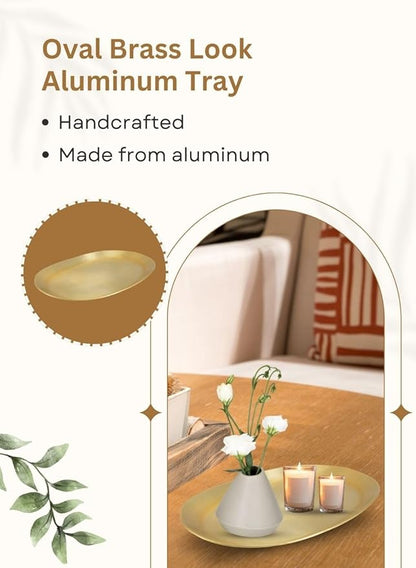 Serene Spaces Living Oval Brass Look Aluminum Tray, Hammered Decorative Metal Tray Use as Holder for Accessories, Candles, Jewelry, Centerpiece for Kitchen or Dining Table, Set of 12