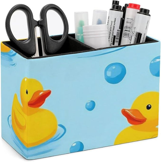 Leather Desk Pen Container Large Table Pencil Holder Makeup Brush Storage Yellow Rubber Ducks Bubbles