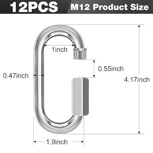 M12-12 Pack 4.17“ Quick Links Chain Connectors, 1/2" Galvanized Chain Locking Hooks, 2500LBS Heavy Duty Thread Quick Link Clips, Twist Oval Keychain D Shape for Swing, Backpack, Key Ring