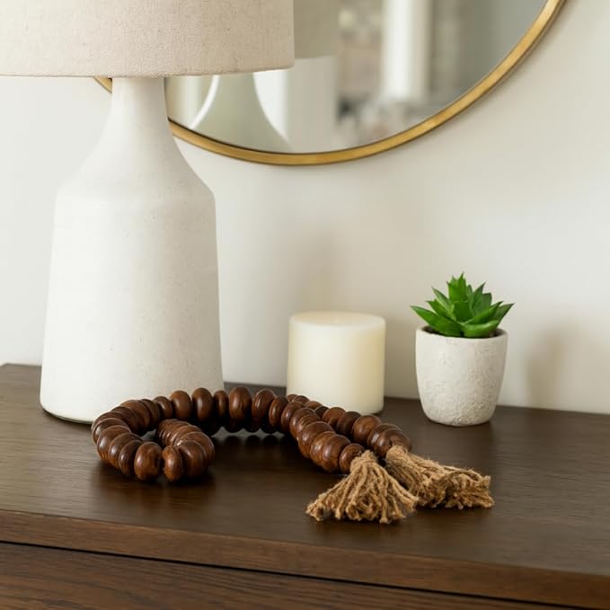 Sagebrook Home Rustic Wood Bead Garland with Jute Tassels - Decorative Farmhouse Beads for Coffee Table, Shelf, or Mantel - Natural Boho Accent for Home Décor - 1.25" Natural/Brown