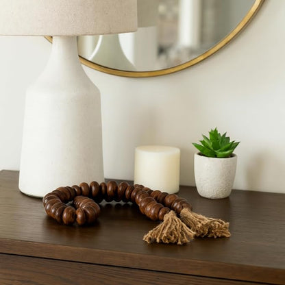 Sagebrook Home Rustic Wood Bead Garland with Jute Tassels - Decorative Farmhouse Beads for Coffee Table, Shelf, or Mantel - Natural Boho Accent for Home Décor - 1.25" Natural/Brown