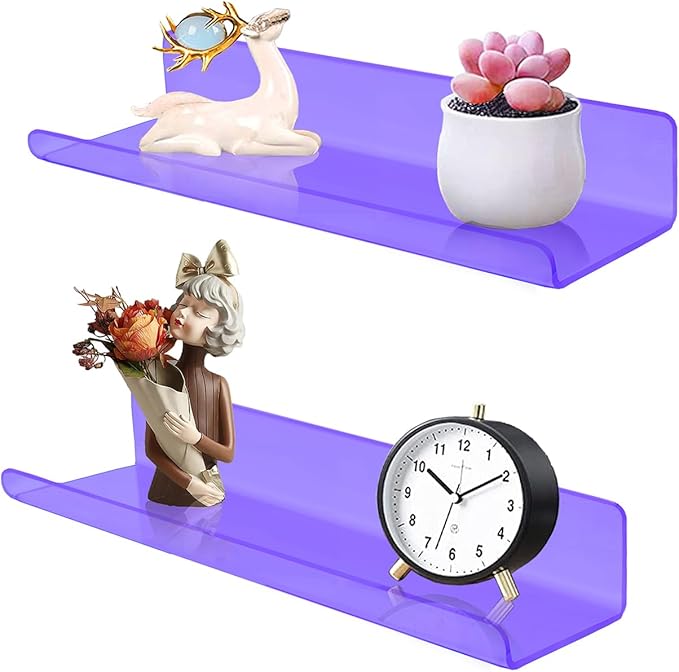 ROYALITA Small Acrylic Shelves Wall Mounted | Set of 2 | 12 Inches | Wall Hanging Plant Display Shelves, Room Decor Floating Wall Shelves for Gaming Room Bedroom, Living Room, Office, Purple