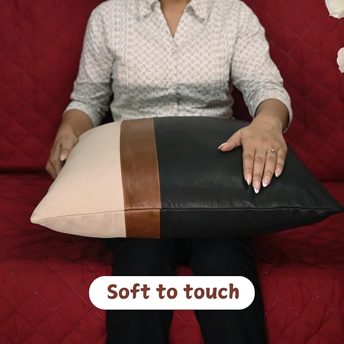 Lambskin Leather Pillow Cover - Sofa Cushion Case - Decorative Throw Covers for Living Room & Bedroom, 20x20 Inches - Black, Brown & Off White Pack of 2