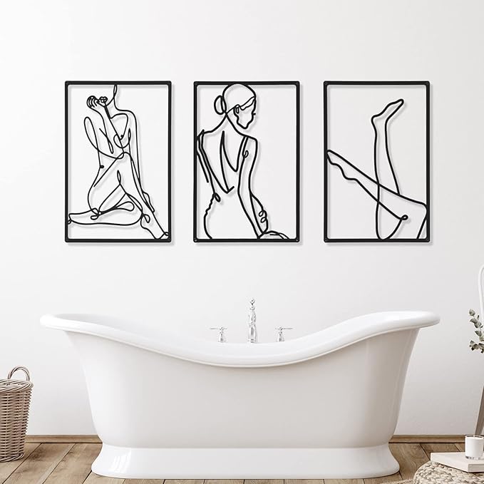 CHENGU 3 Pieces Metal Minimalist Abstract Woman Wall Art Line Drawing Wall Art Decor Single Line Female Home Hanging for Kitchen Bathroom Living Room