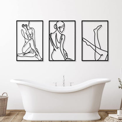 CHENGU 3 Pieces Metal Minimalist Abstract Woman Wall Art Line Drawing Wall Art Decor Single Line Female Home Hanging for Kitchen Bathroom Living Room