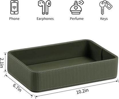 PU Leather Valet Tray Organizer, Modern Nightstand Organizer Bedside Desktop Storage for Womens and Men, Decorative Perfume Trinket Catchall Vanity Tray for Key Watch Wallet (Green)