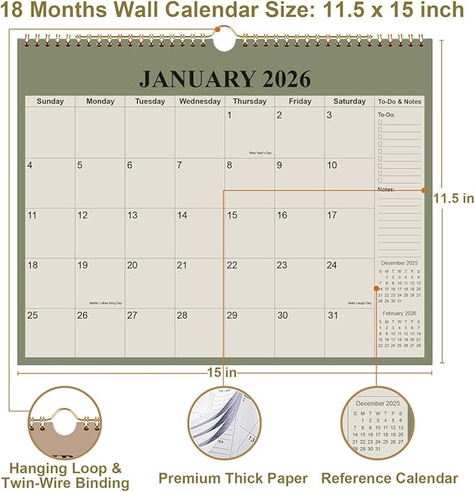 Calendar 2026-12 Months Wall Calendar from January 2026 to December 2026, 2026 Wall Hanging Calendar Planner with Thick Paper, 12" x 14.5", Cyan