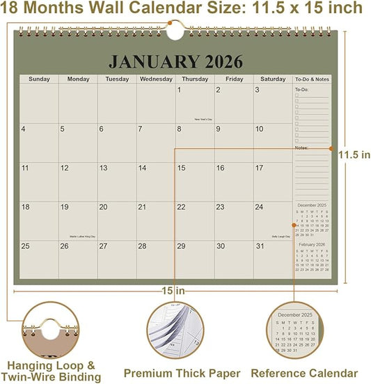 Calendar 2026-12 Months Wall Calendar from January 2026 to December 2026, 2026 Wall Hanging Calendar Planner with Thick Paper, 12" x 14.5", Cyan