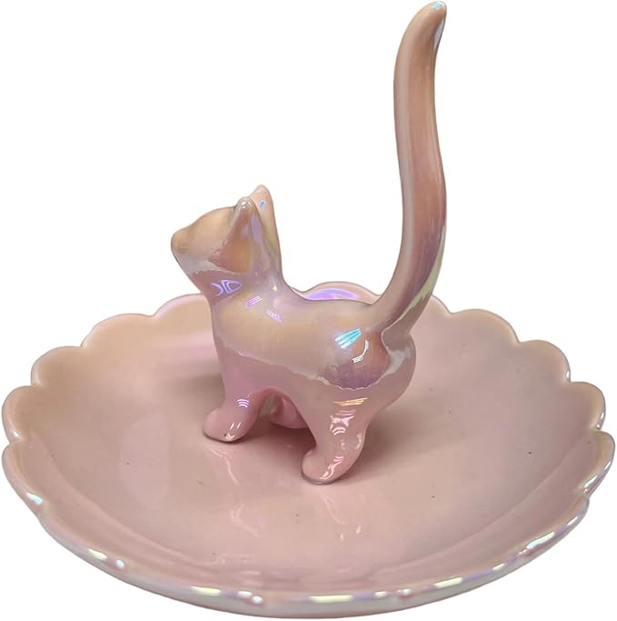 ROSA&ROSE Cat Ring Holder Trinket Tray Ceramic Jewelry Dish Porcelain Ring Organizer Gift for Women, Girlfriend or Valentine's Day (Pink)