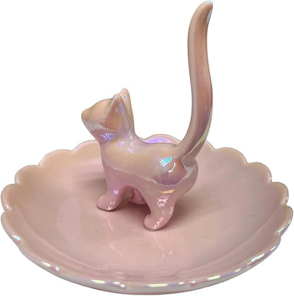 ROSA&ROSE Cat Ring Holder Trinket Tray Ceramic Jewelry Dish Porcelain Ring Organizer Gift for Women, Girlfriend or Valentine's Day (Pink)