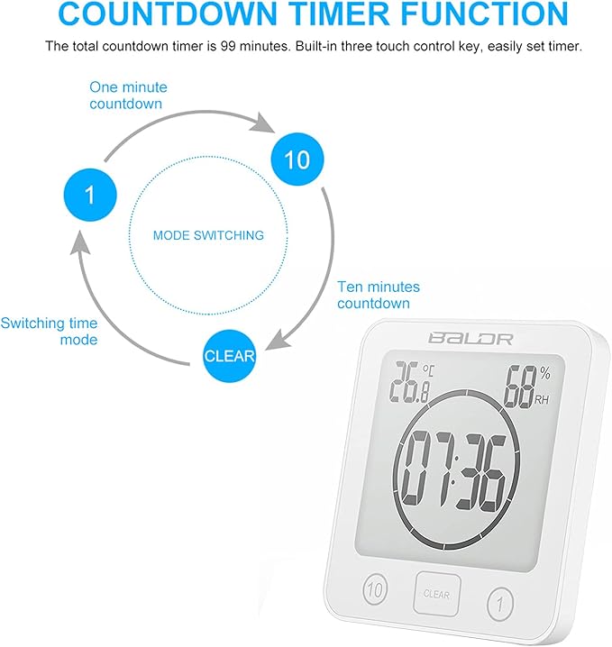 Waterproof Digital Shower Clock, Bathroom Wall Clock with Countdown Timer, Temperature & Humidity Display, Magnetic Back & Suction Cup for Bathroom, Kitchen, Spa