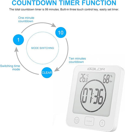 Waterproof Digital Shower Clock, Bathroom Wall Clock with Countdown Timer, Temperature & Humidity Display, Magnetic Back & Suction Cup for Bathroom, Kitchen, Spa