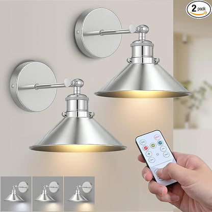 Battery Operated Wall Sconce Set of 2,Vintage Wireless Wall Sconces with Remote,Dimmable Led Wall Lights,Wall Lamp Fixture Indoor Bedroom Living Room Kitchen,LED Bulbs Included,Silver