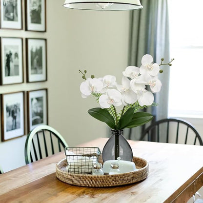 Oairse White Orchids Artificial Flowers, Faux Orchid in Glass Vase Real Touch Small Phalaenopsis Orchid Flowers Arrangements with Black Vase Orchids Centerpiece for Dining Room Table