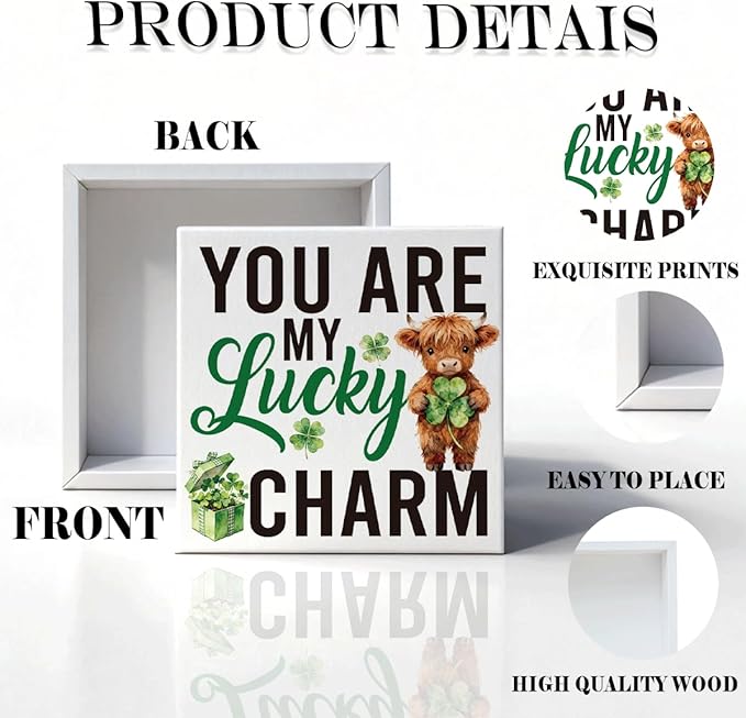 St Patrick Decor Lucky Charm Wooden Box Sign, You Are My Lucky Charm Irish Quote Tabletop Decor with Shamrock Accent, Cute Farmhouse Shelf Desk Holiday Decorative Gift for Loved Ones 5 x 5 Inches