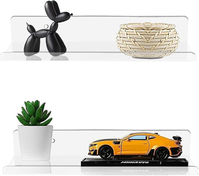 ROYALITA Small Acrylic Shelves Wall Mounted | Set of 2 | 12 Inches | Wall Hanging Plant Display Shelves, Room Decor Floating Wall Shelves for Gaming Room Bedroom, Living Room, Office, Clear
