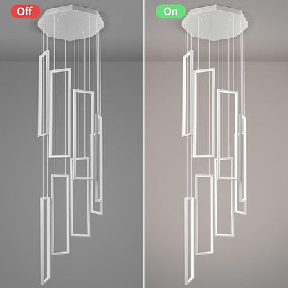 Modern Adjustable Height Pendant Light White 144W LED Pendant Lights 8 Rings Rectangular Chandelier Staircase Large Chandelier Lobby Living Room Kitchen Island Foyer High Ceiling Chandeliers