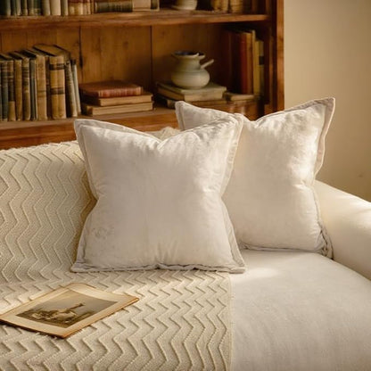 Velvet Pillow Covers 2 Pack Soft 26x26 Pillow Covers Solid Square Euro Shams Decorative Couch Pillow Cases with Wide Border for Sofa Bed Home Decor,Ivory White