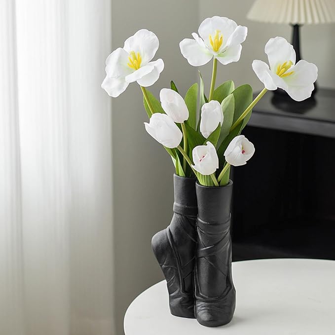 Fantasy Ballet Shoe Modern Ceramic Vase, Nordic Art Ins Style Decorative Aesthetic Foot Flower Vase for Home Living Room Table Bookshelf Decor (Matte Black W 6" X H 9")