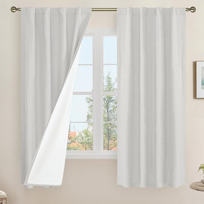 LAMIT Light Grey 100% Blackout Linen Curtains, 63 Inches Linen Textured Thermal Bedroom Curtains Back Tab and Rod Pocket Neutral Panels with White Liner for Farmhouse, 2 Panels, 38 x 63 Inch