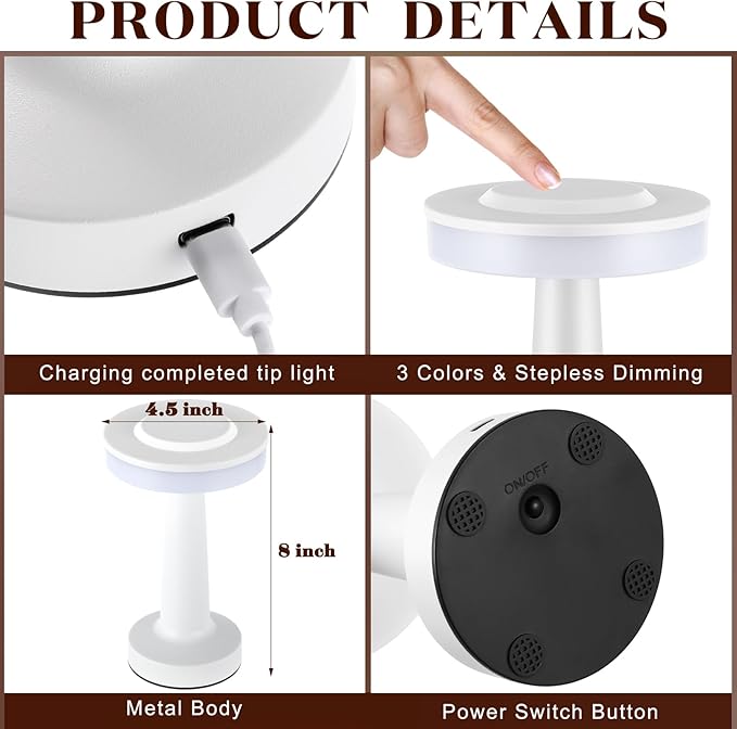 Riakrum 4 Pcs LED Portable Cordless Table Lamp with Touch Sensor 3 Color Stepless Dimming Rechargeable Battery up to 15 Hours Cordless Table Light Wireless Lamp for Nursery (White)
