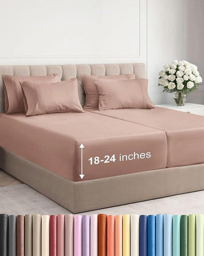 Extra Deep Split King Sheet Set - 7 Piece Breathable & Cooling Sheets - Hotel Luxury Bed Sheets Set - Easy & Secure Fit - Soft, Wrinkle Free & Comfy Sheets Set - Mauve Sheet Set w/Extra Deep Pockets