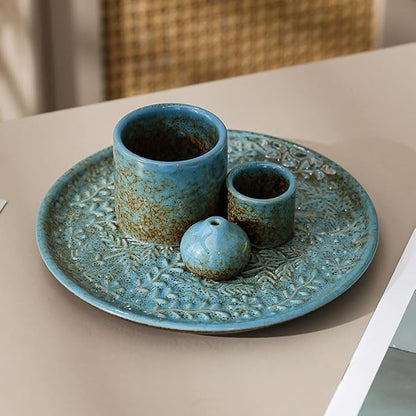 5 in 1 Incense Holder Burner, 5.9" Ceramic Holder for Burning Palo Santo Sage Candle and Incense Sticks Cones, Ash Catcher Tray for Meditation Room Home Décor (Blue)