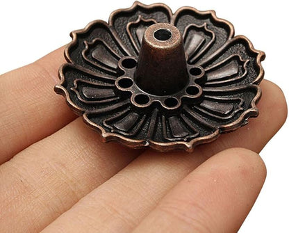 Secret for Longevity Copper Bronze Antique Chinese Asian Style Lotus Flower Incense Burner Pot w/Stick Cone Coil Holder w/White Sage Cones Zen Buddha Buddhist Meditation Decor Gift Set