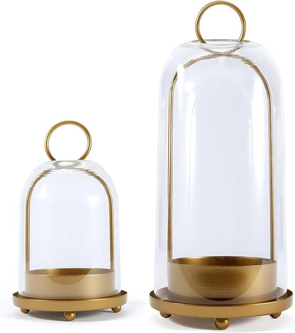 Hurricane Glass Candle Holders, Large & Medium Brass Lanterns Hurricane Candlestick Holder for Pillar Candles Vintage, Gold Metal Rustic Farmhouse Decor with Hook Chains
