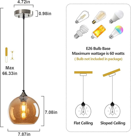 Amber Glass Pendant Lights Kitchen Island Lighting Globe Pendant Light Fixtures Modern Pendant Lighting for Bedroom Living Dining Room Light Fixture (7.87 in, 2 Pack)