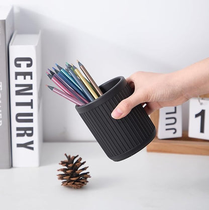Aotea Crafts Concrete Modern Industrial Pen Holder for Desk - Aesthetic Charcoal Black Pencil Holder for Desk- Handcrafted Cement Fluted Pen Cup Organizer - Minimalist & Durable
