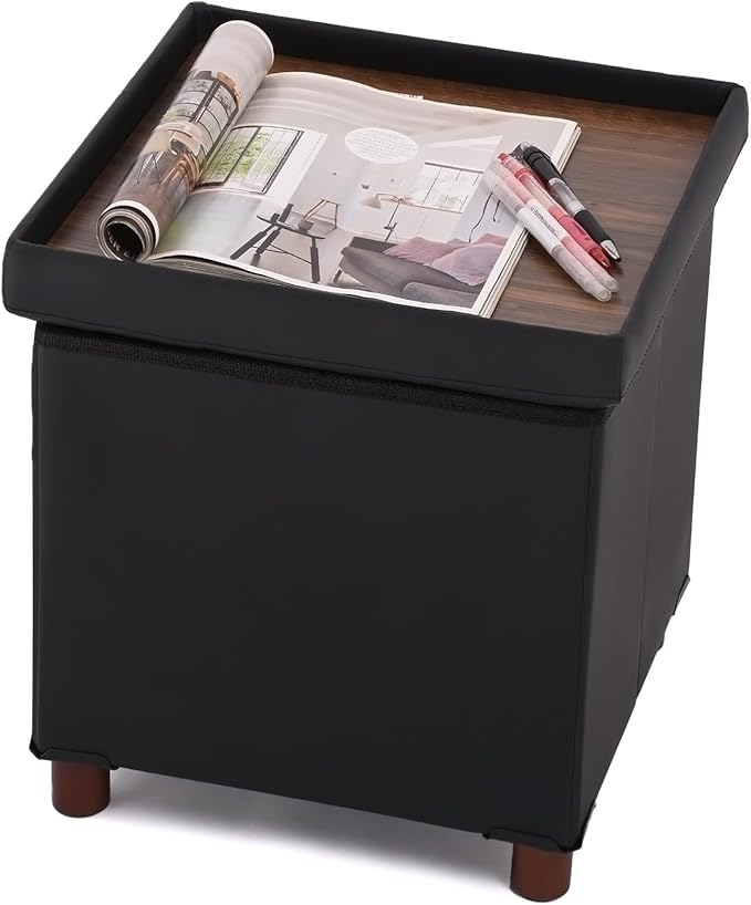 Storage Ottoman for Living Room，Square Ottoman with Tray Bedroom Cube Foot Rest Stool with Legs Ottomans Coffee Table Lid Foldable Footstool Faxu Leather 15" Inch(Black)