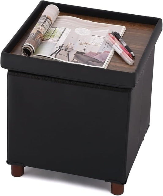 Storage Ottoman for Living Room，Square Ottoman with Tray Bedroom Cube Foot Rest Stool with Legs Ottomans Coffee Table Lid Foldable Footstool Faxu Leather 15" Inch(Black)