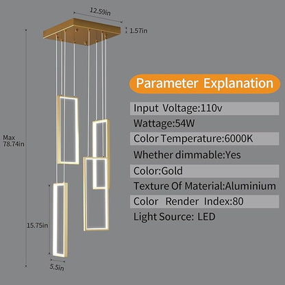 Modern Kitchen Island Dimmable Pendant Light Fixture Gold 54W LED Pendant Lights 4 Rings Rectangular Chandelier Staircase Large Chandelier Lobby Living Room Foyer High Ceiling Chandeliers