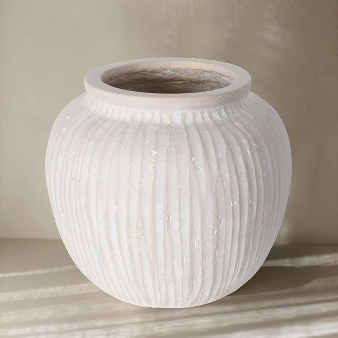 Oakrain Large Rustic Minimalist Vase, 9" Distressed Round Floor Vase for Home Decor, Farmhouse Centerpieces Planters for Living Room Indoor Outdoor Use, Vintage White