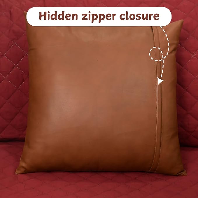 Lambskin Leather Pillow Cover - Sofa Cushion Case - Decorative Throw Covers for Living Room & Bedroom, 14x14 Inches - Camel Antique Plain Pack of 1
