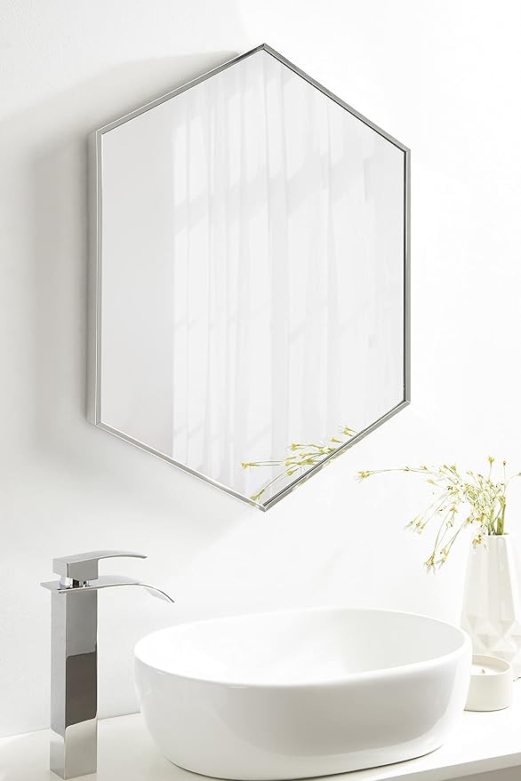 Kate and Laurel Rhodes Modern Hexagon Wall Mirror, Silver Chrome, 31x22-Inches