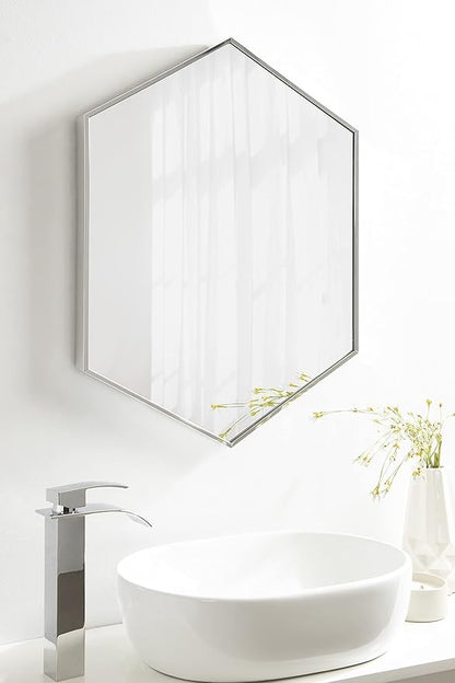 Kate and Laurel Rhodes Modern Hexagon Wall Mirror, Silver Chrome, 31x22-Inches