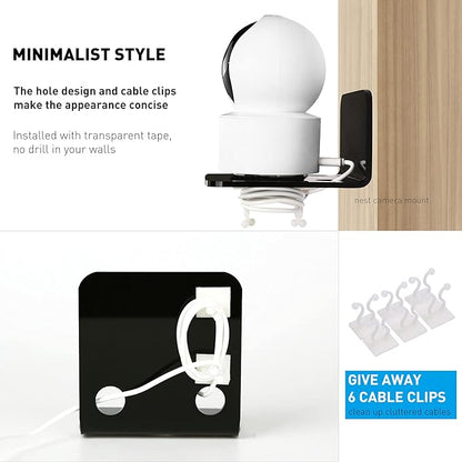 OAPRIRE Acrylic Floating Wall Shelves Set of 3, Drill Free with10 Piece Strong Tapes - Universal Small Adhesive Shelf for Security Cameras, Baby Monitors with Cable Clips (Black)